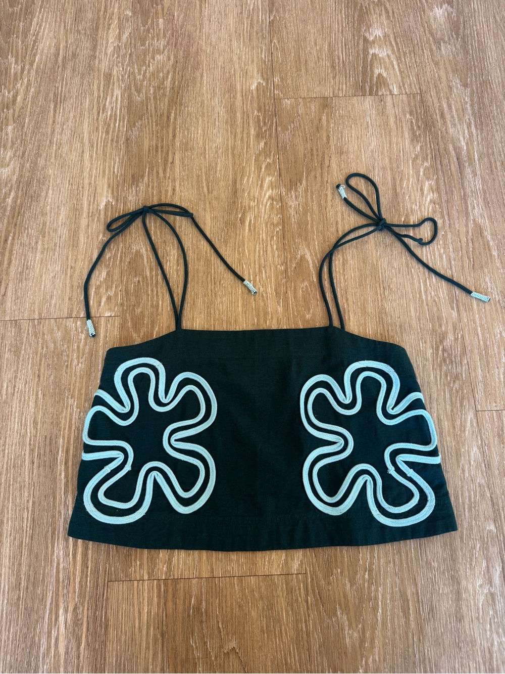 Black Floral Appliqué Tie-Strap Tank Top